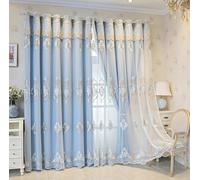 Lirzxin Blackout Thermal Curtains 2 Panels Set 72" Drop, Blackout Curtains Eyelets European Style Double Layer Embroidered Flowers Modern Curtain Darkening Light Blue, 52 x 72 Inches