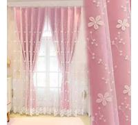 Lirzxin Curtains Living Room 2 Panels Blackout 63" Drop, Bedroom Blackout Curtains Hook Double Layer Embroidered Small Flowers Drapes Room Darkening Curtain for Bedroom Pink, 52 x 63 Inches