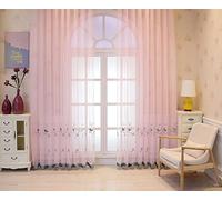 Lirzxin Curtains Voile 2 Panels Set 54" Drop, Polyester Curtain Sheer Hook Lace Embroidered Birds and Flowers Pattern Modern Curtains for Bedroom Living Room Windows Pink, 52 x 54 Inches