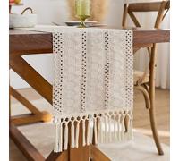 Lirzxin Decorative Table Runners 200cm Long, Cotton Dining Table Runner Boho Hollow Weave Geometric Oval Pattern with Tassels Tablecloth for Holiday Party and Everyday Use, Beige, 30x200 cm