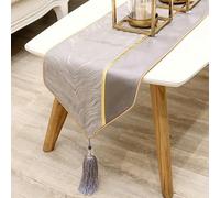 Lirzxin Decorative Table Runners 220cm Long, Polyester Modern Farmhouse Table Runner Stripe Waves Pattern with Tassels Tablecloth for Holiday Party and Everyday Use, Silver Grey, 33x220 cm