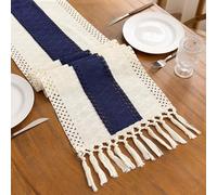 Lirzxin Modern Table Runners 120cm Long, Cotton Dining Table Runner Boho Weave Geometric Oval Stripes Pattern with Tassels Tablecloth for Home Kitchen Party, Navy Blue Beige, 30x120 cm