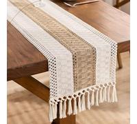 Lirzxin Modern Table Runners 300cm Long, Cotton Boho Table Runner Macrame Weave Geometric Oval Stripes Pattern with Tassels Tablecloth for Home Kitchen Party, Beige Brown, 30x300 cm