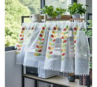 Lirzxin Sheer Valance Curtains, Short Curtains Rod Pocket Lace Embroidered Leaves Pattern with Ball Tassels Voile Small Curtains for Bathroom RV, 71" W x 24" H, Yellow Green Red, 1 Panel