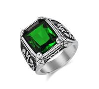 Lirzxin Silver Promise Ring for Men, Stainless Steel Wedding Anniversary Rings for Men 18MM Wide Vintage Tulip Pattern with Glass Green Ring Silver Size X 1/2