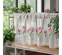 Lirzxin Valance Curtains for Kitchen, Sheer Curtains Cafe Curtains Rod Pocket Embroidered Tulips Pattern with Ball Tassels Short Curtains for Bathroom, 71" W x 24" H, White Pink Green, 1 Panel