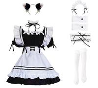 LISANEK Maid Outfit Anime Cosplay Lolita Dress French Maid Costume Plush Cat Ear Socks Set (2XL, Black)