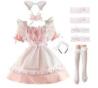 LISANEK Maid Outfit Anime Cosplay Lolita Dress French Maid Costume Plush Cat Ear Socks Set (2XL, Pink)