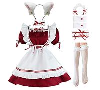 LISANEK Maid Outfit Anime Cosplay Lolita Dress French Maid Costume Plush Cat Ear Socks Set (S, Red)