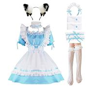 LISANEK Maid Outfit Anime Cosplay Lolita Maid Dress French Maid Costume Plush cat ear Socks set, Blue, XL