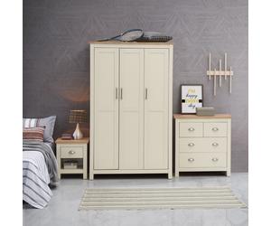 Lisbon 3 Piece Bedroom Set 3 Door Wardrobe 4 Drawer Chest 1 Drawer Bedside Table Cream