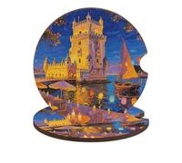 Lisbon Belem Tower Car Cup Coasters 2 Pack Absorbent Cup Holder Coasters with A Finger Notch and Cork Base Cute Wood Coaster Cars Interior Accessories for Women Men