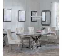 Lisbon Dining Set - 6 Seater - 160cm - Grey Marble & Chrome - Knocker Back Dining Chairs - Champagne Velvet Fabric - Chrome Legs