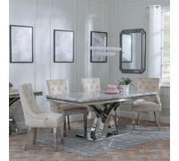 Lisbon Dining Set - 6 Seater - 160cm - Grey Marble & Chrome - Lion Knocker Back Dining Chairs - Champagne Velvet Fabric - Chrome Legs