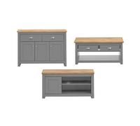 Lisbon Light Grey 3-Piece Living Room Set with Oak Tops: TV Unit, Sideboard & Coffee Table