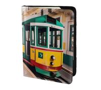 lisbon tram pattern print Travel Wallet Passport Holder Case for Family Leather Passport Cover for Men Women, Black, One Size