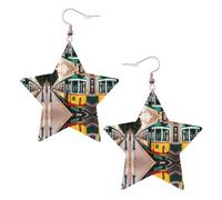 Lisbon Tram Pattern Printed Leather Pierced Earring Set, 1 Pair Lightweight Bohemian Earrings Birthday Party Jewelry Gifts For Women