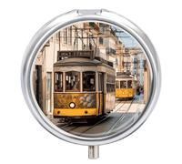 Lisbon Tram Pill Box Round Portable Small Pill Case Waterproof Travel Pill Box Organizer for Pocket Purse and Daily Convenience