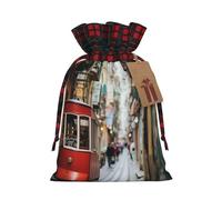 lisbon tram print Color-blocked linen drawstring gift bag, gift bag, candy bag, storage bag