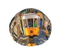 Lisbon Tram Printed Double-Layer Shower Cap, Reusable Shower Cap, Suitable For Various Hair Lengths