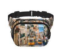 Lisbon Tram Square Double-Layer Waist Bag with All-Over Print,Durable Twill Fabric, Multi-Pocket Fanny Pack for Outdoor Sports Travel