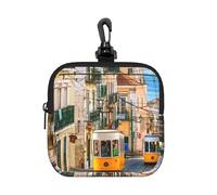 Lisbon Tram Square Zipper Pouch with All-Over Print,Waterproof Small Organizer Bag, Lightweight Durable for Coins,Cards, Keys for Travel Daily Use