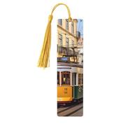 Lisbon Tram Wooden Bookmarks 5 Pcs,Handmade Double-Sided Printed Book Marks Page Markers with Gold Tassels Book Accessories Gift for Book Lovers Women Men