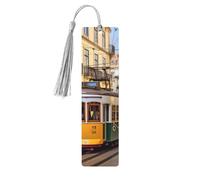 Lisbon Tram Wooden Bookmarks 5 Pcs,Handmade Double-Sided Printed Book Marks Page Markers with Gray Tassels Book Accessories Gift for Book Lovers Women Men