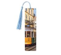 Lisbon Tram Wooden Bookmarks 5 Pcs,Handmade Double-Sided Printed Book Marks Page Markers with Sky Blue Tassels Book Accessories Gift for Book Lovers Women Men