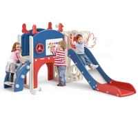 Lischwert Kids Slide 6 in 1 Toddler Slide Freestanding, Indoor and Outdoor Slide Set with Golf Set, Drawing Board, Slide and Basketball Hoop, Telescope, Great for Toddler Gifts (Red-blue)