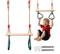 Lischwert Multifunctional Children's Wooden Height Adjustable Trapeze Swing with Plastic Gymnastics Rings for Hanging Maximum Load 150 kg