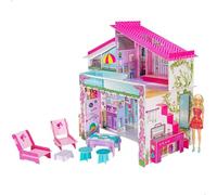 Lisciani - Barbie - Cardboard Holiday Villa with Doll to Build - 4+ Years | Doll House to Assemble - Two Storeys, 3D Furniture and Stickers - Decorate Yourself and Role Play - Original Barbie Doll
