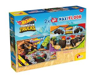 Lisciani - Hot Wheels Monster Trucks - 2 MaxiFloor Puzzles - 4+ Years | Double-Sided Puzzles - Monster Trucks with Backs to Colour - Double Challenge - 2 x 60 Pieces, 50 x 35 cm per Puzzle