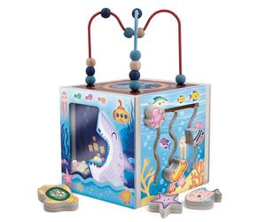 Lisciani - Montessori Wood - Montessori Sensory Activity Cube for Children 3+ - Wooden Educational Toy with 6 Activities Ocean Theme - Fine Motor Skills Logic and Sensory Exploration