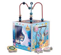 Lisciani - Montessori Wood - Ocean Wooden Activity Cube - 3+ Years | Sensory Wooden Toy - Maze, Sand and Slot-In Shapes - Discover the Sea World - 6 Activities with Storage Inside the Cube
