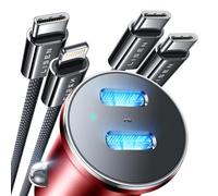 LISEN 90W USB C Car Charger, Dual USB C Port PD45W All Metal Cigarette Lighter USB Fast Car Charger Adapter with USBC Cable & Lightning Cable (Red)