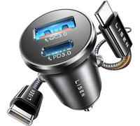 LISEN Car Phone Charger USB C 54W Fast Charge Cigarette Lighter Charger USB Adapter Socket 12V with 60W C-C Cable, Metal Car Accessories Essentials for Men Mercedes Campervan for iPhone 17 16 Samsung