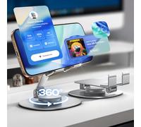LISEN Cell Phone Stand iPhone Stand for Desk, 360° Rotation for Phone Stand Holder Portable Adjustable Phone Holder Office Accessories All Metal Silver for iPhone 17 16 15 Pro Max Air 4"-8" Device