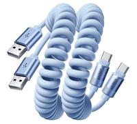 LISEN Coiled USB C Charger Cable (2 Pack1.2M) Car USB to USB C Cable | Blue for iPhone 17/16/15 Pro Max, Samsung Galaxy S25/S24/S23 A15/A14, Google Pixel 9/8, PS5, Kindle