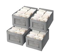 lisetar 4 Pack Foldable Linen Wardrobe Storage Organiser with Clear Window - Clothes Organiser for Wardrobe, Linen Storage Boxes with Handles for Underwear & T-Shirts,Jeans,Trousers - Grey