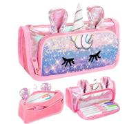 LISEVO Cute Unicorn Pencil Case, 3D Pencil Pouch for Girls Kids, Sparkly Pencil Bag with Sequins for Students, Glitter Bling School Supplies Stationary Pen Holder