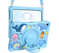 LISEVO for iPad Mini 7 Case A17 Pro 2024, for iPad Mini 6th Generation Case 2021 - Girls Boys Cute Kawaii Girly Cover 3D Cartoon Ocean Design with Rotating Stand & Strap Silicone Blue Cases 8.3 Inch