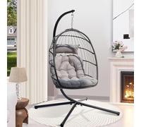 Lishetimig Hanging Egg Chair with Stand, Outdoor Indoor Swing Chairs, Rattan Foldable Hammock Chair Include Comfortable Cushion Headrest, 350LBS Capacity for Patio, Garden, Bedroom, Balcony (Grey)
