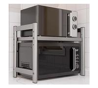 LISHEUK 2 Tier Microwave Oven Rack Shelf Unit with 6 Hooks, Heavy Duty Stand Adjustable Thickened Stainless Steel Microwave Stand Shelf, for Kitchen Supplies Tableware Storage