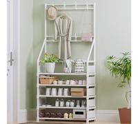 LISHEUK 4-Tier Coat Rack with Shoe Storage Bench Metal Frame Hall Tree with 8 Hooks Stylish Entryway Space-Saving Coat Stand Storage Solution 60CM