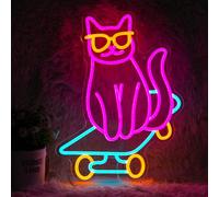 LISIGNVE Skateboard Cat Neon Sign Cute Glasses Cat LED Neon Light Dimmable Animal Light Up Sign for Bedroom Decor Pet Shop Art Wall Decoration Gift for Girl Boy Party Decoration (Multicolored）