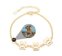 Liskanap Personalised Paw Photo Bracelet with 1-5 Names Dog Paw Print Projection Bracelet with Picture inside 925 Sterling Silver Memorial Gift for Women (Gold)