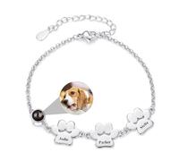 Liskanap Personalised Paw Photo Bracelet with 1-5 Names Dog Paw Print Projection Bracelet with Picture inside 925 Sterling Silver Memorial Gift for Women (Silver)