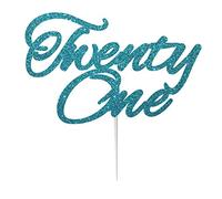 LissieLou 21st Birthday Cake Topper Decoration with Curly Written 'Twenty One' Glitter Card in Light Blue