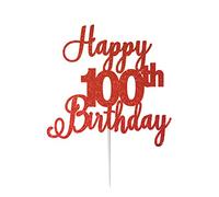 LissieLou Happy 100th Birthday Cake Topper in Pretty Glitter Card, Made in the UK - Red